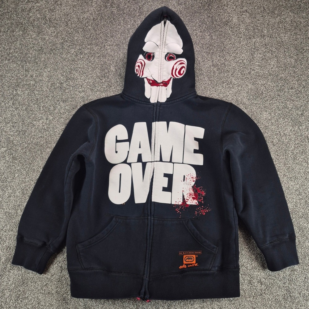 Ecko Unltd Saw Movie Jigsaw Hoodie Men XS Black Game Over Full Zip Halloween Y2K